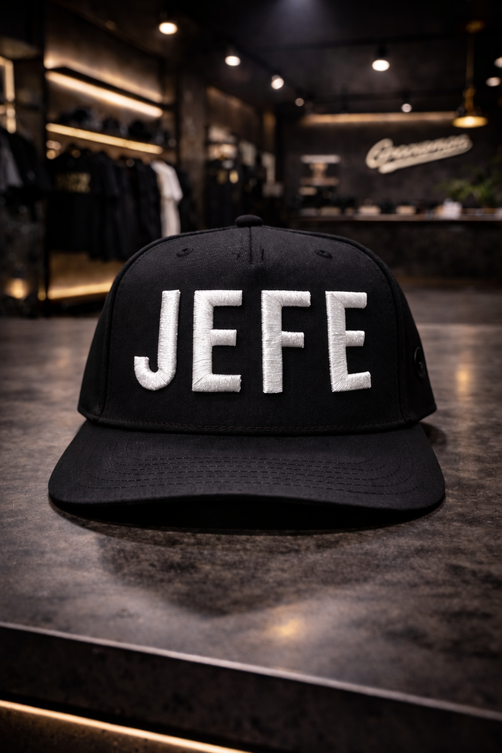 Black cap with 'JEFE' text on a reflective surface in a store setting