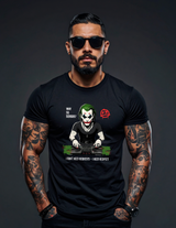 Man wearing a black t-shirt with a graphic design on a dark background