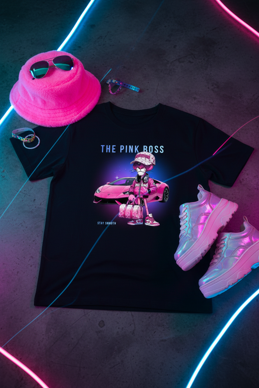 Black t-shirt with 'The Pink Boss' graphic design featuring a person in pink attire next to a pink car on a hanger against a dark background.