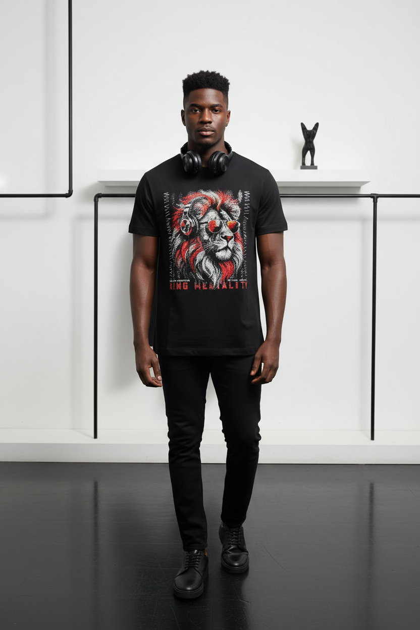 Black t-shirt with a graphic of a lion and text on a hanger against a dark background