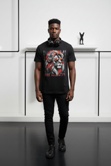 Black t-shirt with a graphic of a lion and text on a hanger against a dark background