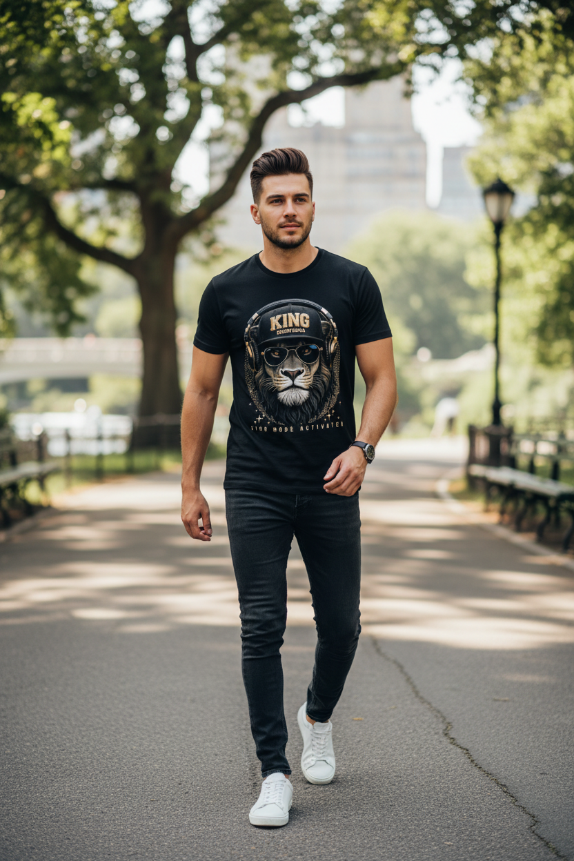 Black t-shirt with a lion graphic and text on a dark background