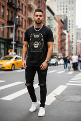 Black t-shirt with a lion graphic and text on a dark background