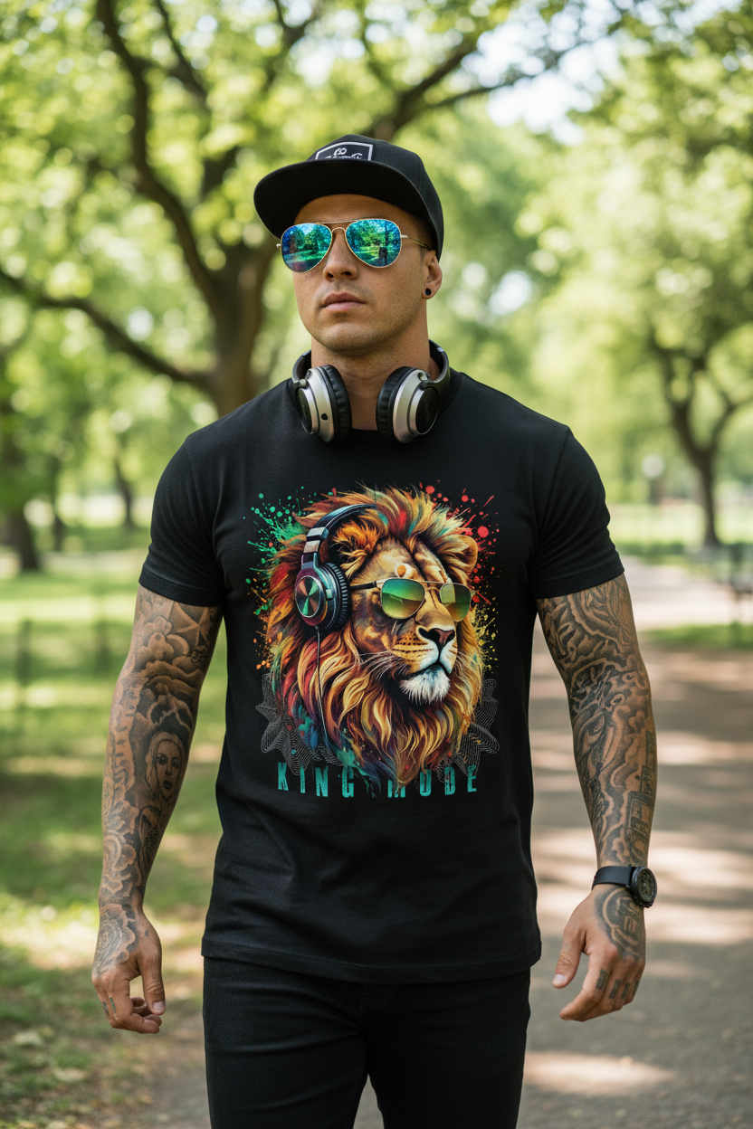 Black t-shirt with a colorful lion graphic and 'KING MODE' text on a dark background