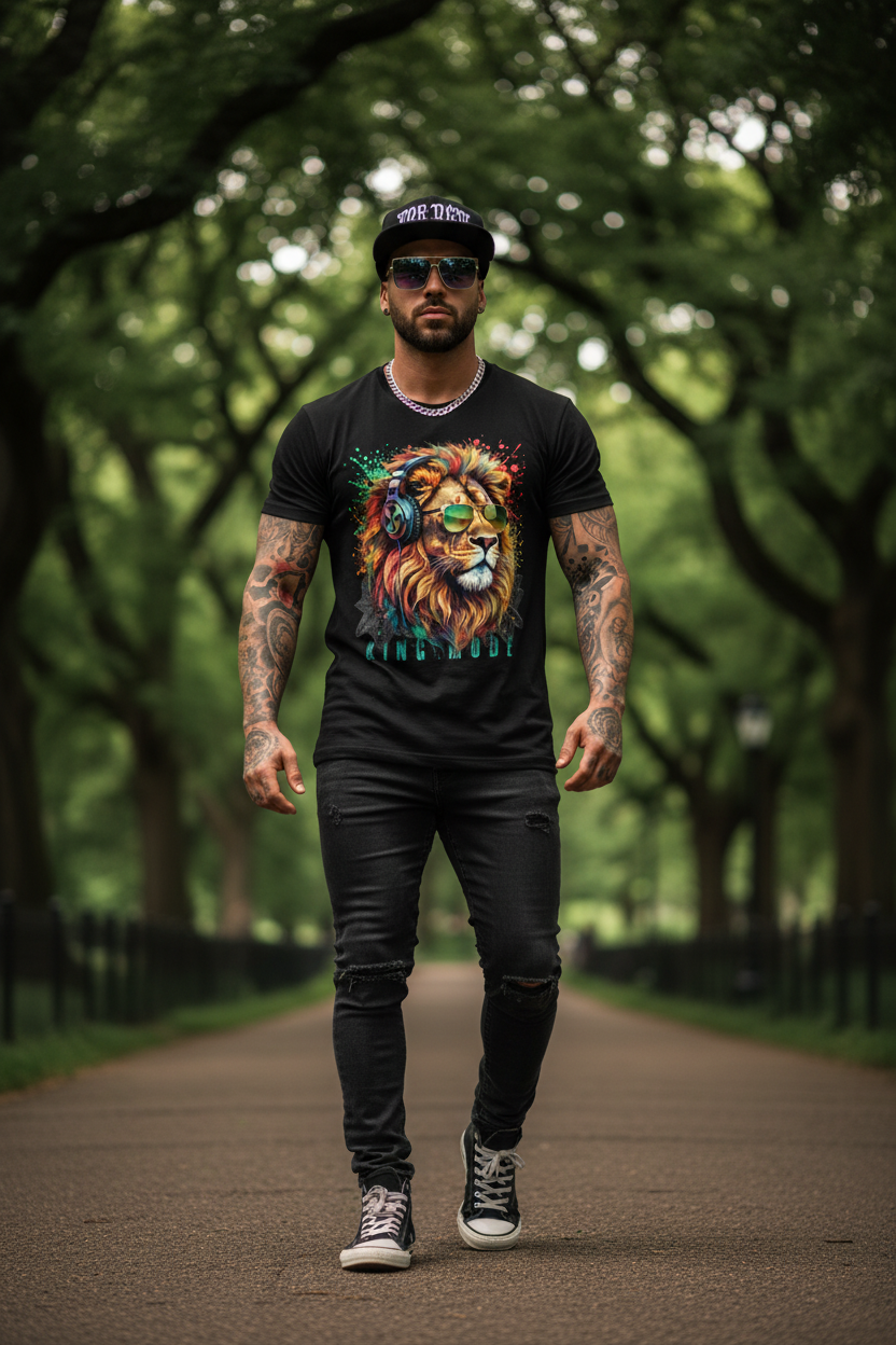Black t-shirt with a colorful lion graphic and 'KING MODE' text on a dark background