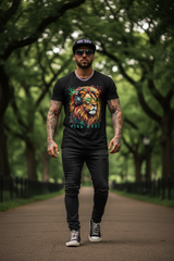 Black t-shirt with a colorful lion graphic and 'KING MODE' text on a dark background