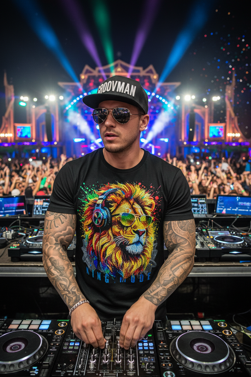 Black t-shirt with a colorful lion graphic and 'King Mode' text on a dark background