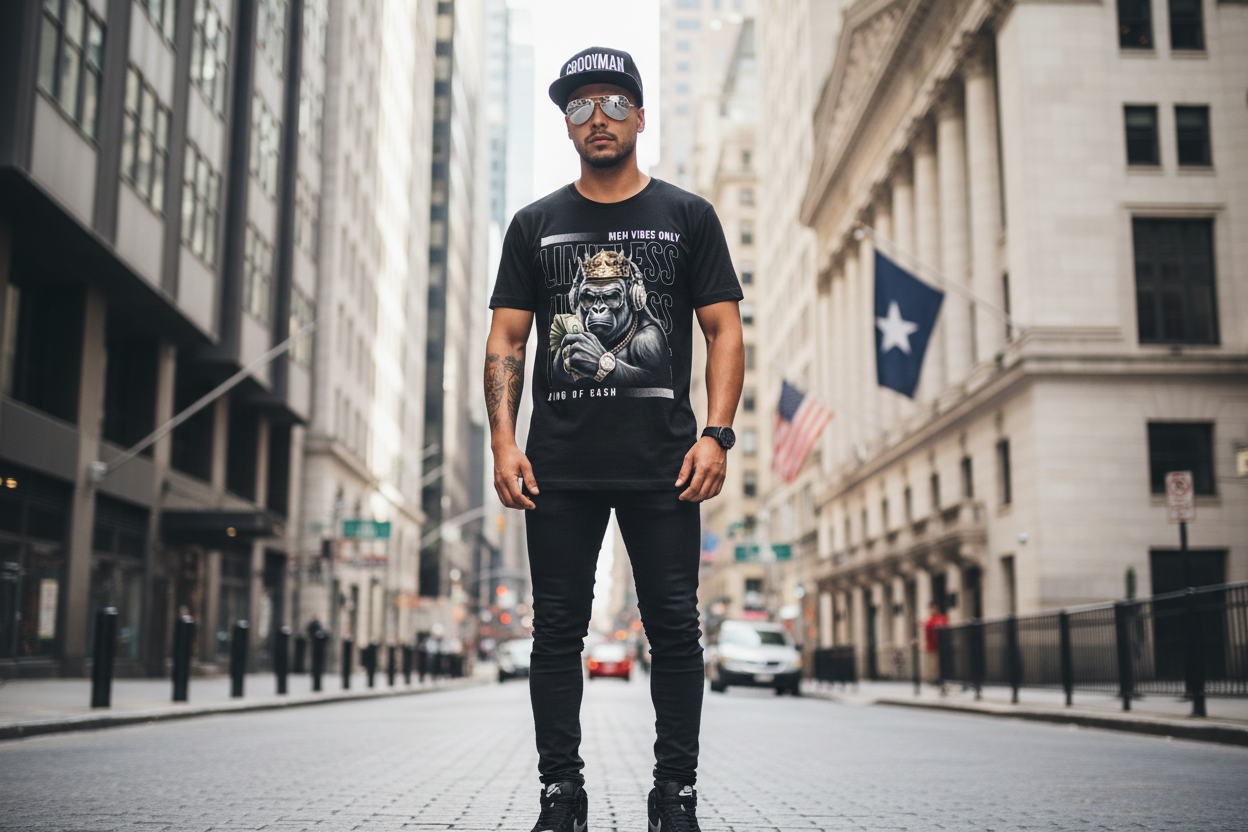 Black t-shirt with a graphic of a monkey wearing a crown and holding money, text 'Rich Vibes Only', 'Limousine Lifestyle', 'King of Cash' on a dark background.