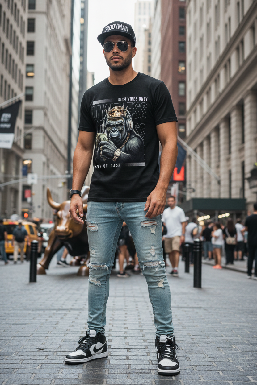 Black t-shirt with a graphic of a monkey wearing a crown and holding money, text 'Rich Vibes Only Limbless Limbs King of Cash' on a dark background.