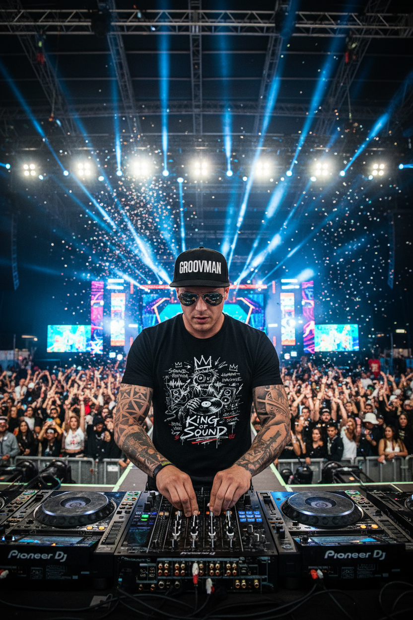 Black t-shirt with 'King of Sound' graphic design on a hanger against a dark background