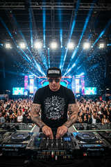 Black t-shirt with 'King of Sound' graphic design on a hanger against a dark background