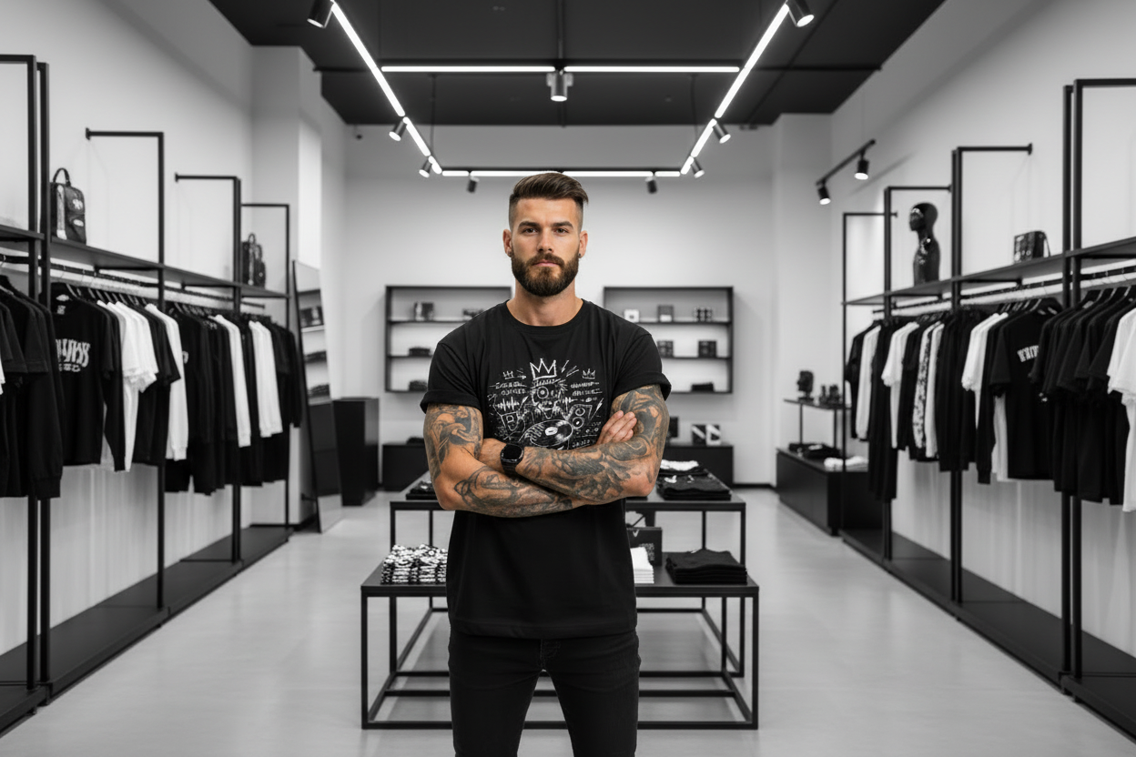 Man wearing a black t-shirt with graphic design and text