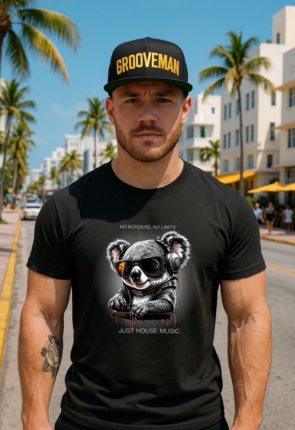 Man wearing a black t-shirt with a koala graphic and 'Grooveman' cap on a street with palm trees.