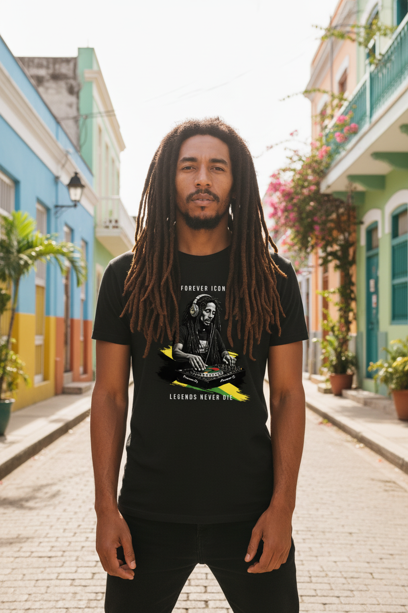 Black t-shirt with a graphic design of a person on a turntable and text 'Forever Icon, Legends Never Die' on a dark background.
