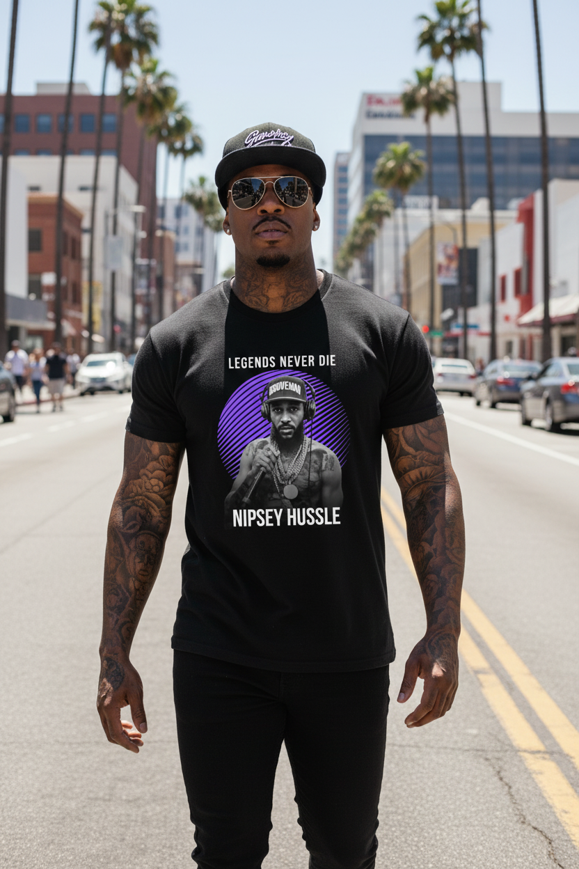 Black t-shirt with Nipsey Hussle graphic and 'Legends Never Die' text on a dark background