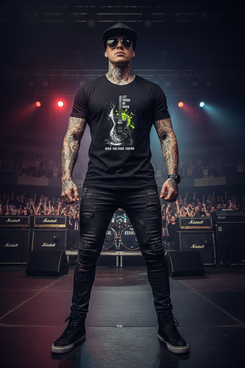 Black t-shirt with a graphic design on a hanger against a dark background