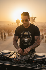 Black t-shirt with a lion graphic and text on a dark background