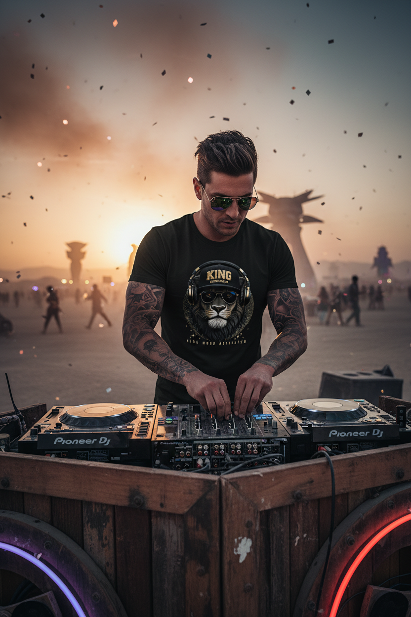 Black t-shirt with a lion graphic and text on a dark background