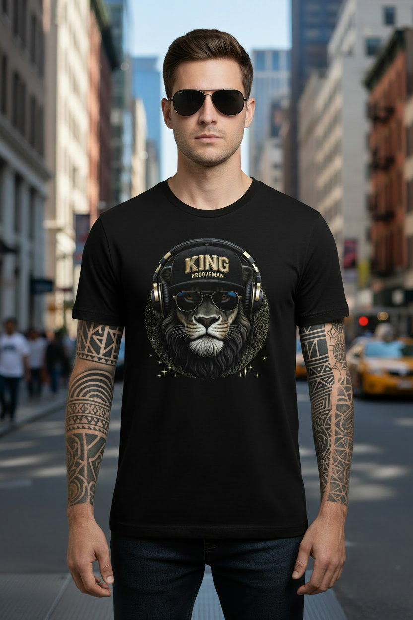 Black t-shirt with a lion graphic and text on a dark background