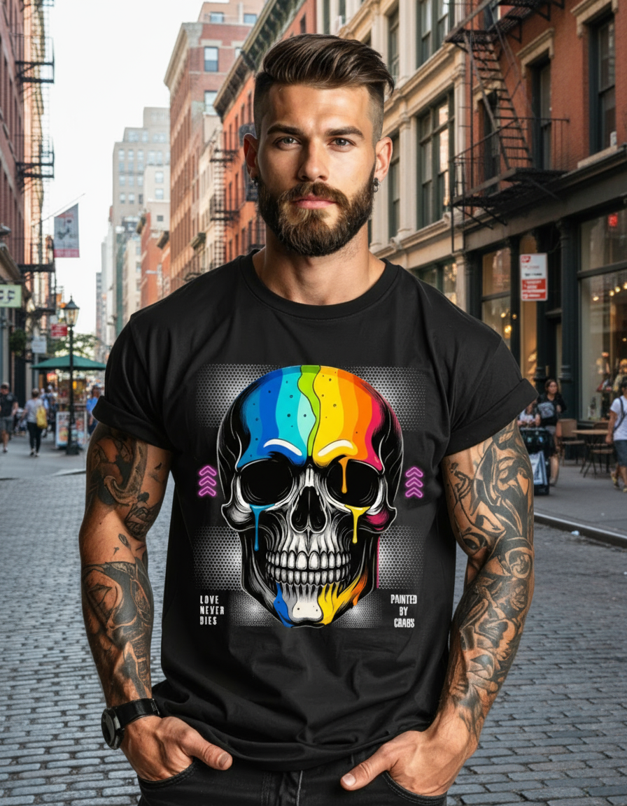 Turn the chaos into art 🎨💀.
The Grooveman “Love Never Dies” Skull T-Shirt fuses dark street energy with Miami color — a bold skull design dripping in rainbow neon hues that symbolize passion, freedom, and creative rebellion.
A reminder that even through madness, love never dies.