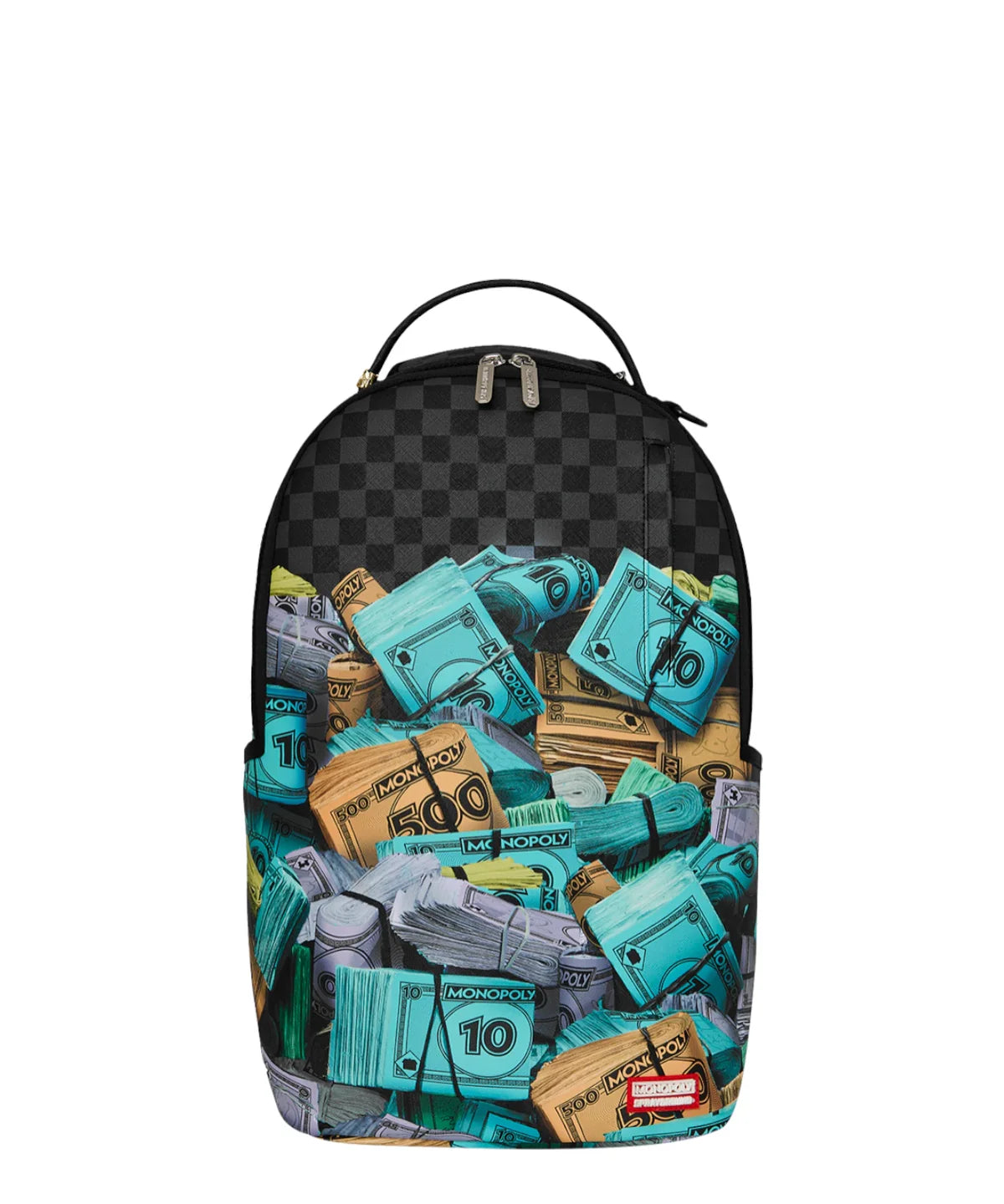Backpack with money-themed design on a white background
