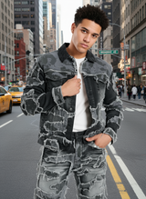 Men’s Black Camo Patchwork Distressed Denim Jacket