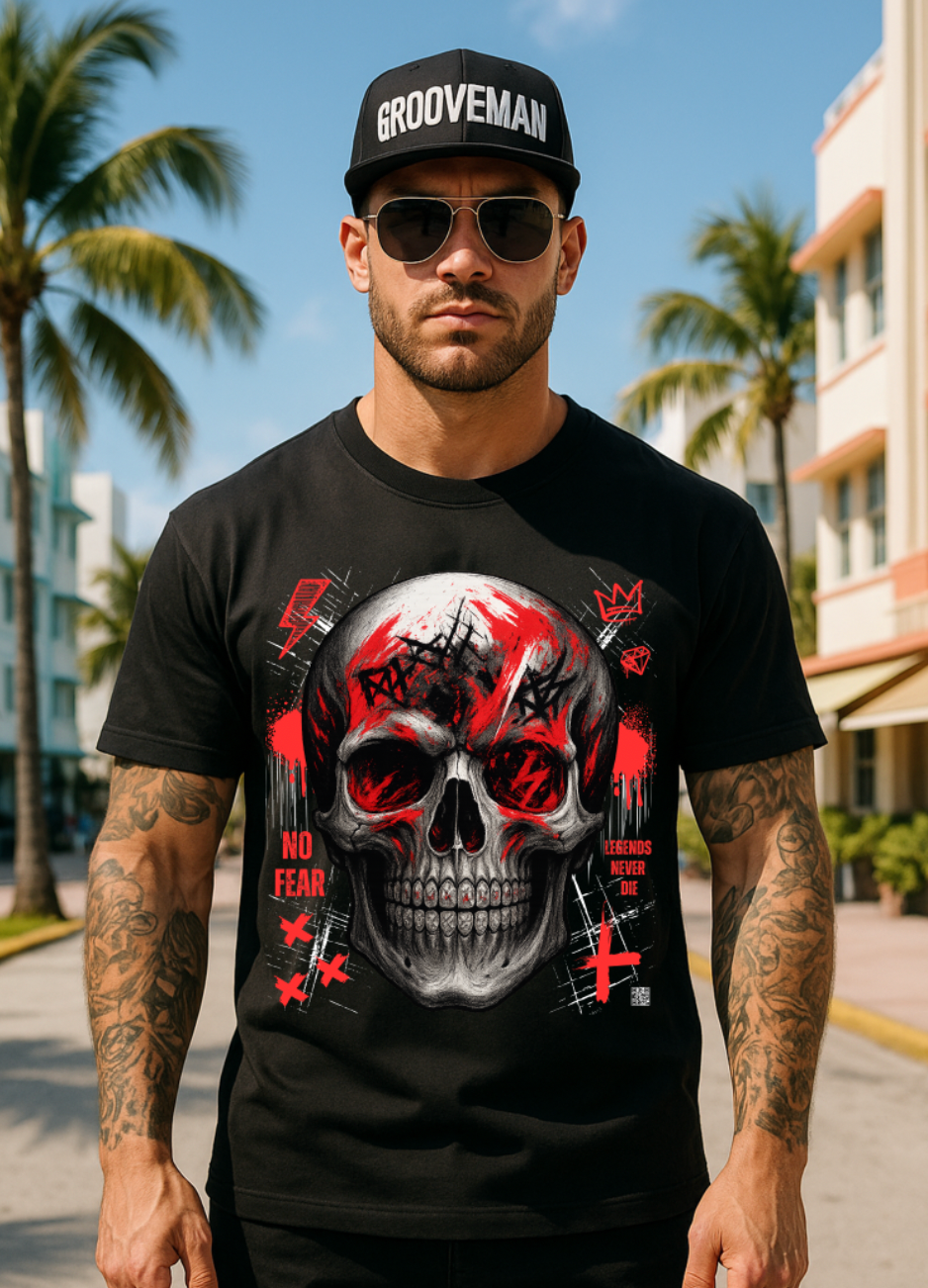 Man wearing a black t-shirt with a skull design and 'Grooveman' cap in an urban setting.