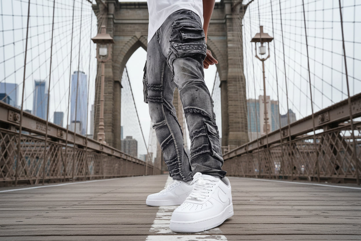 Person wearing gray distressed jeans and white sneakers on a white background