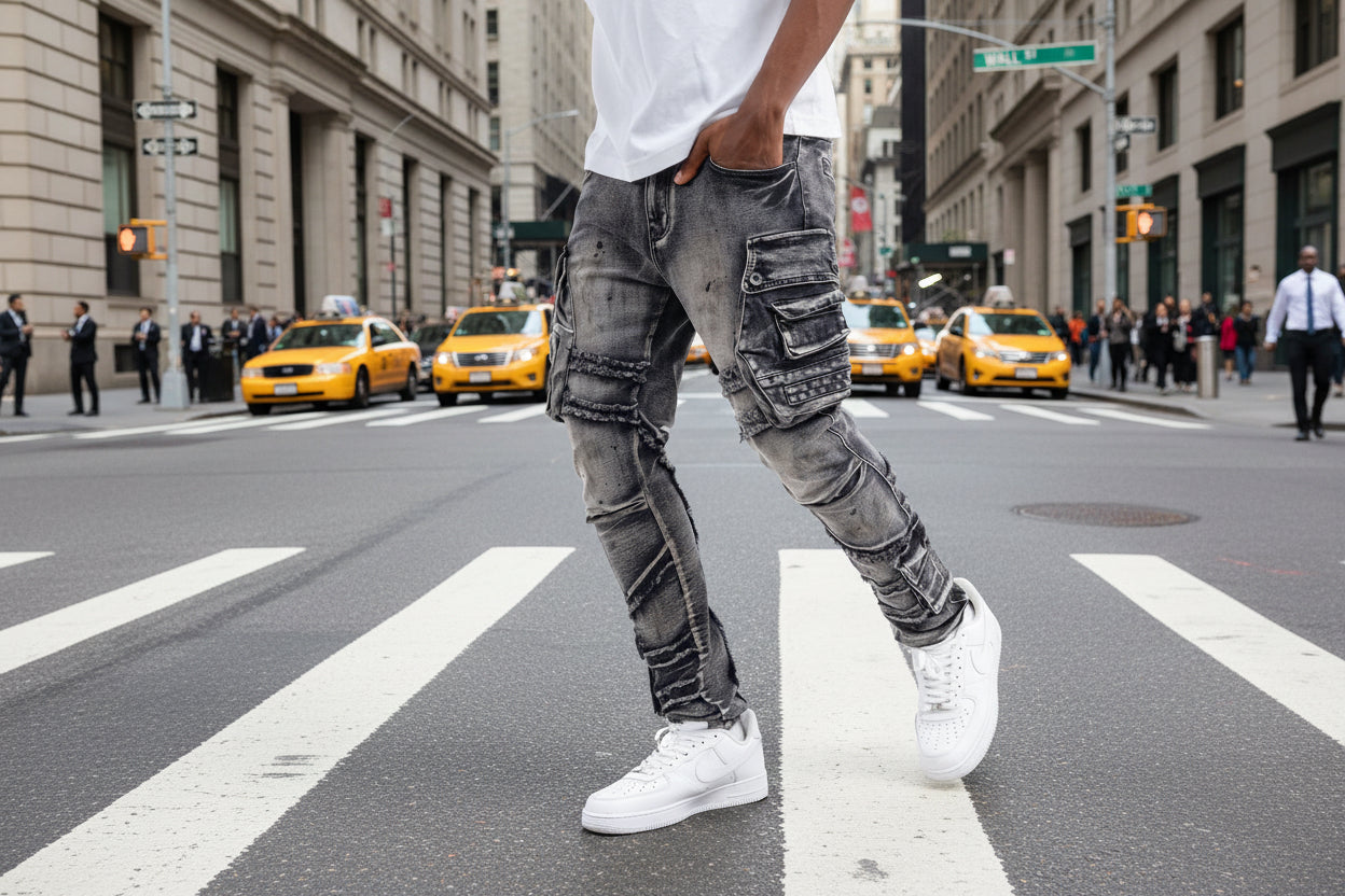 Person wearing gray distressed cargo pants on a white background