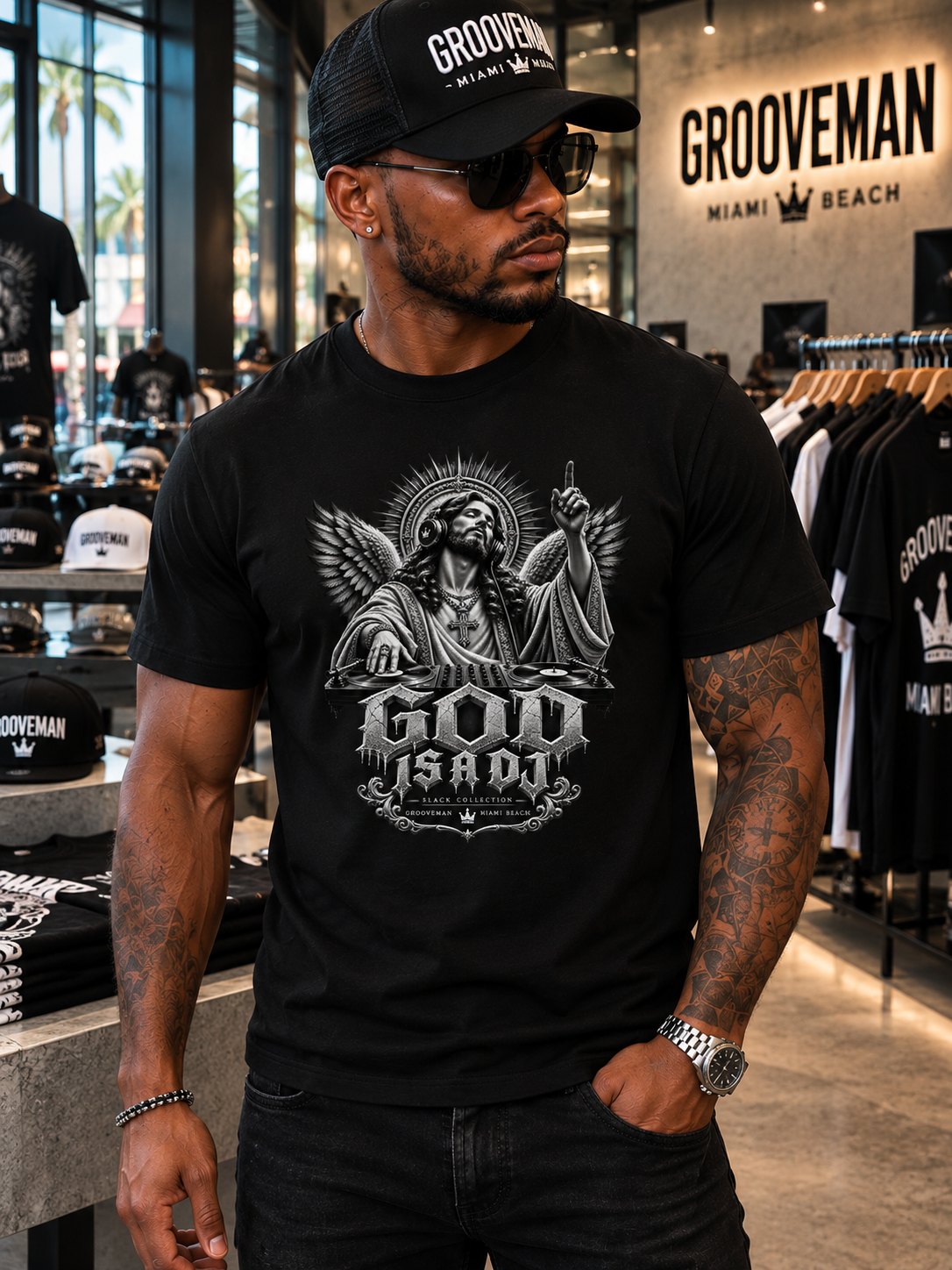 Men's God Is A DJ black streetwear T-shirt modeled inside Grooveman Music in Miami Beach