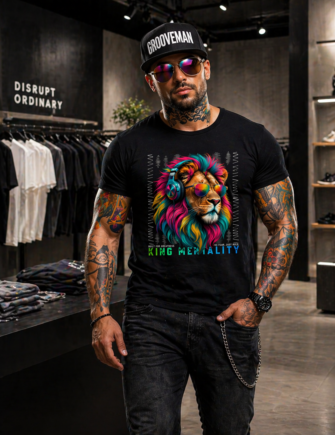 Man wearing a black t-shirt with a colorful lion graphic and text in a store setting.