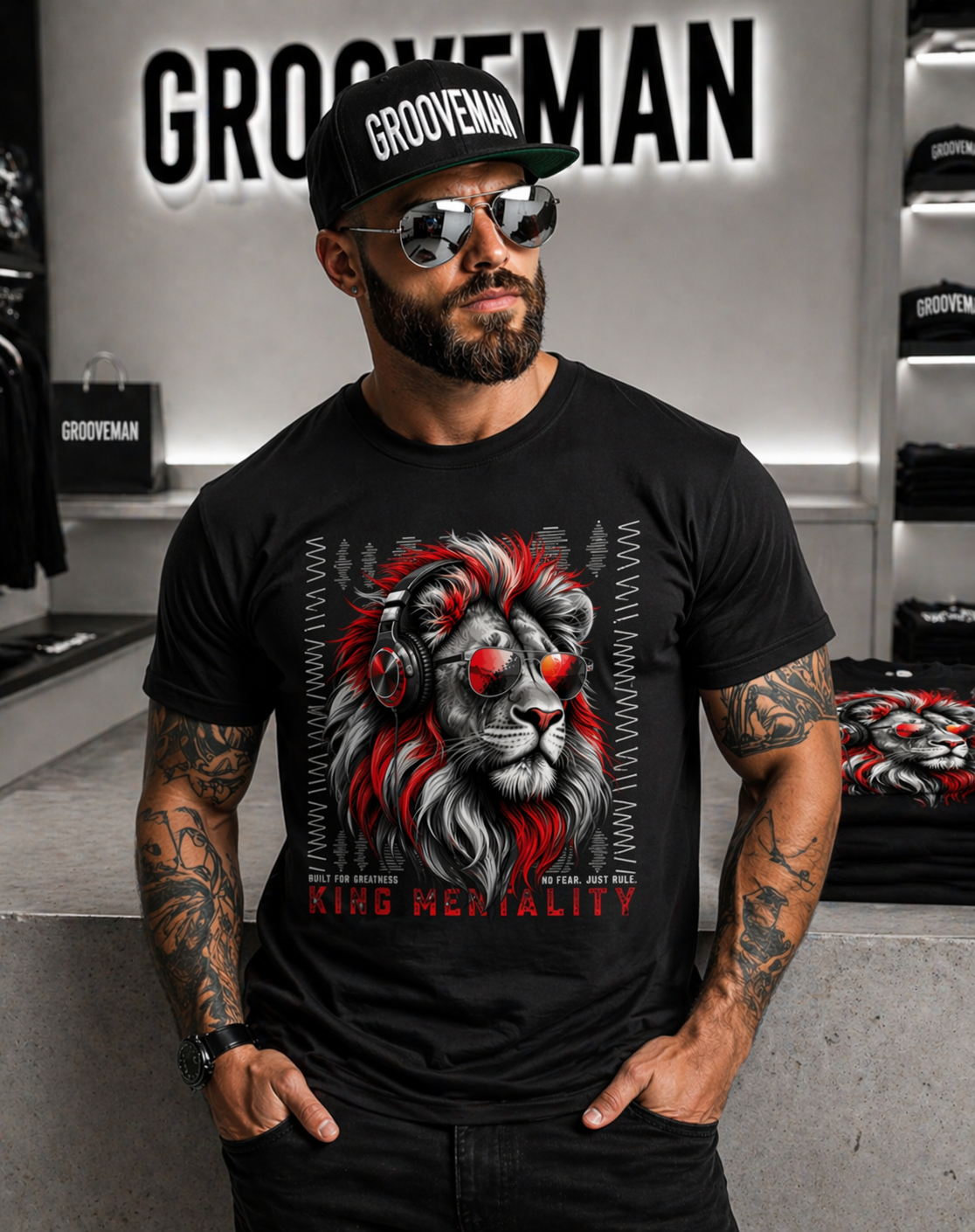 Man wearing a black t-shirt with a lion graphic and 'GROOVEMAN' branding in a store setting.