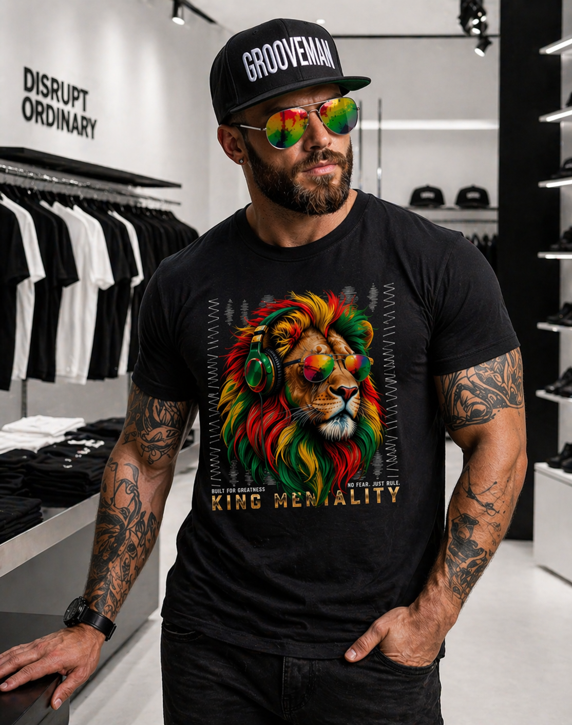 Man wearing a black t-shirt with a colorful lion graphic and text in a store setting.