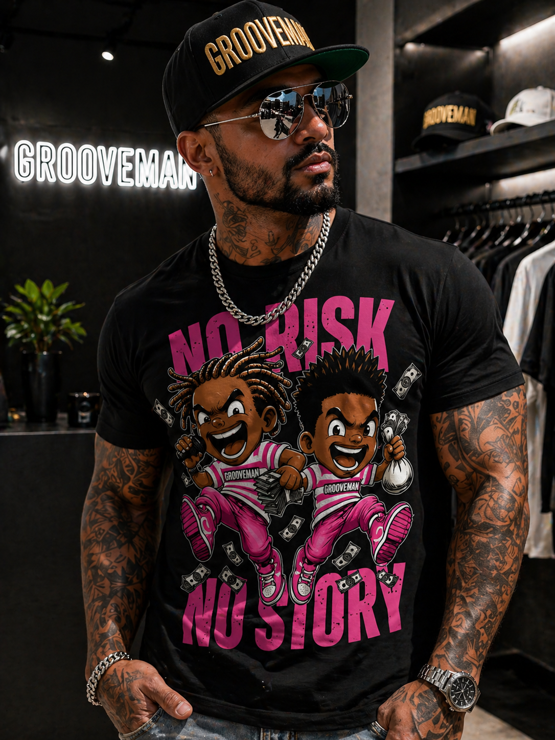 Man wearing a black t-shirt with colorful graphics and text, standing in a store with 'Grooveman' branding.