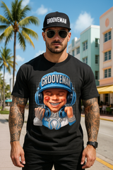 Man wearing a black t-shirt with 'Grooveman' graphic design in an urban setting with palm trees.