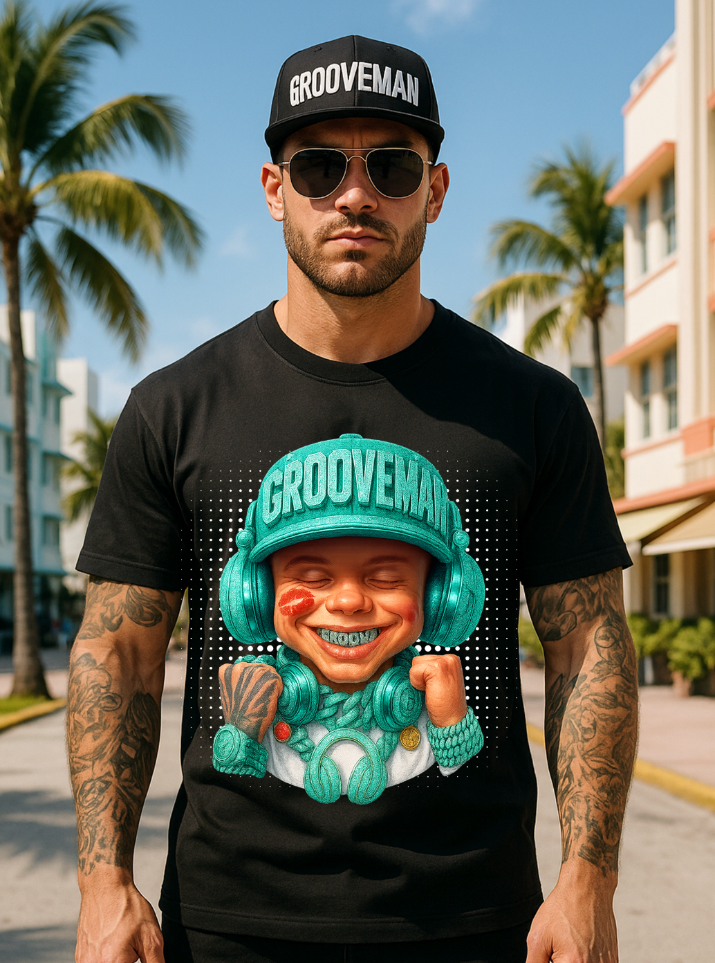 Man wearing a black t-shirt with a 'Grooveman' graphic design outdoors.