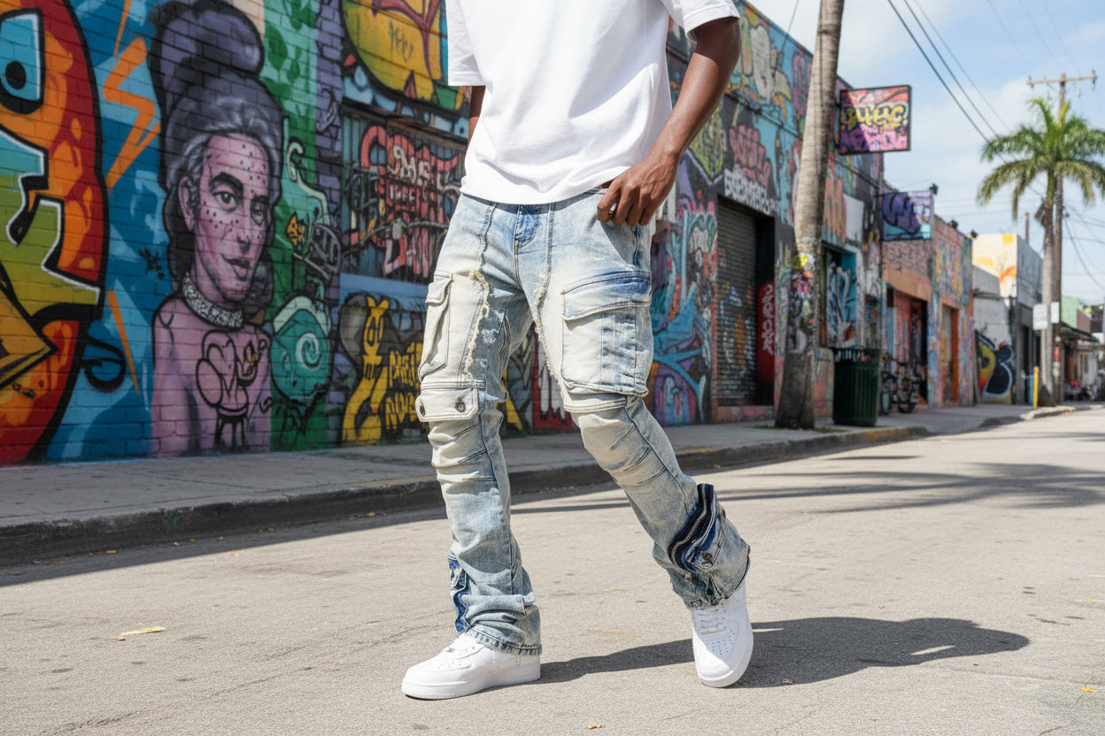 Person wearing light blue distressed jeans and white sneakers on a white background