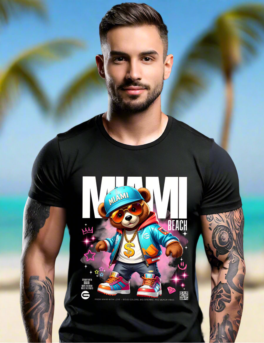 Man wearing a black t-shirt with a bear graphic and 'Miami Beach' text on a black background