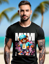 Man wearing a black t-shirt with a bear graphic and 'Miami Beach' text on a black background