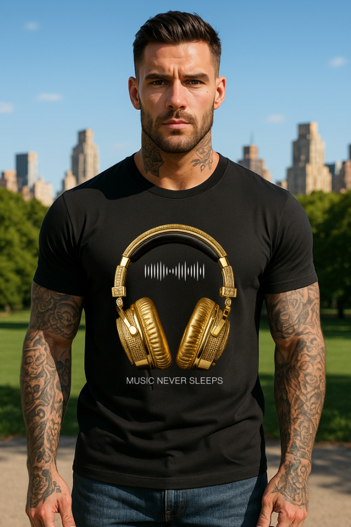 Man wearing a black t-shirt with gold headphones graphic and 'Music Never Sleeps' text, standing outdoors with city skyline in the background.