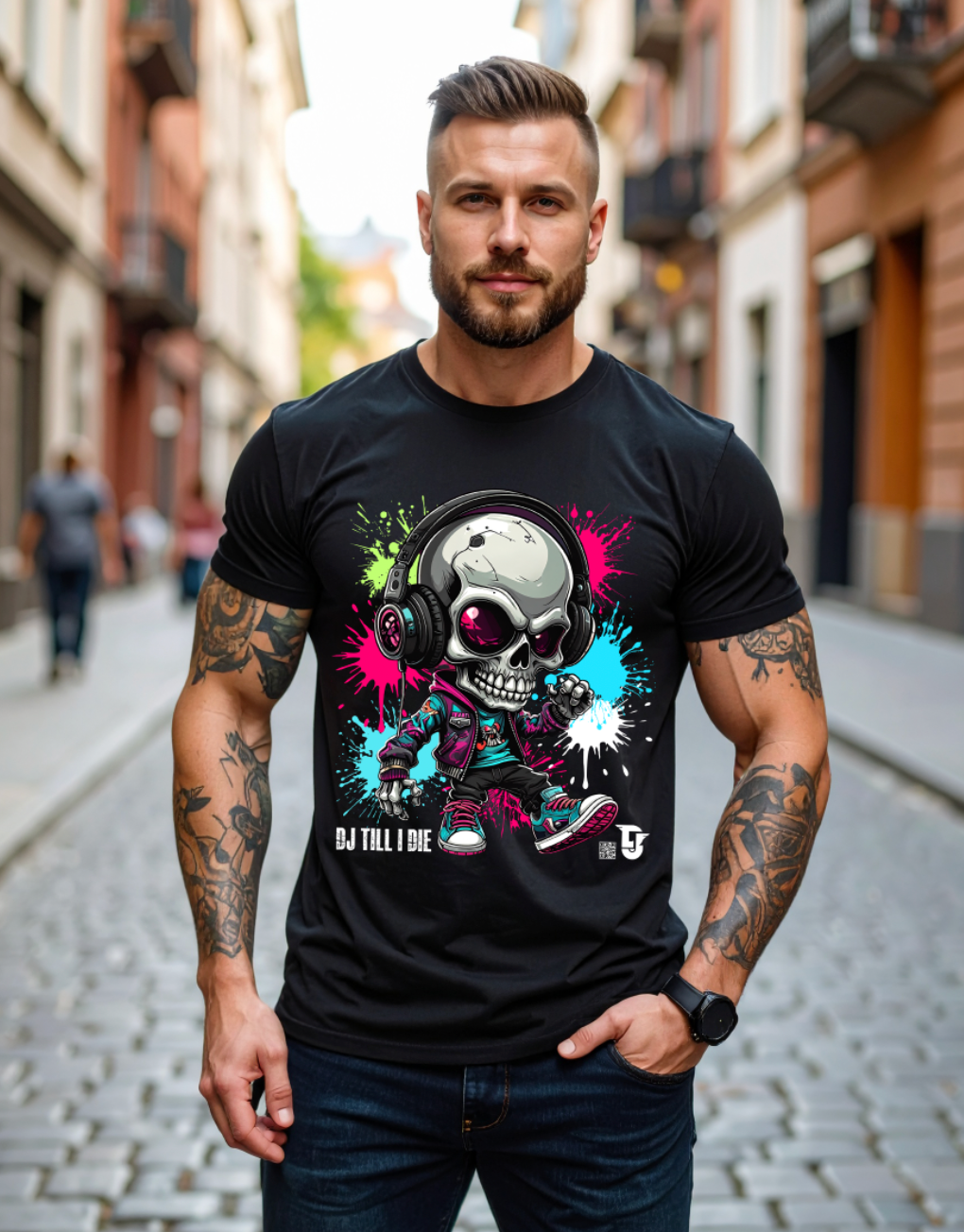 Man wearing a black t-shirt with a colorful graphic design on a city street.