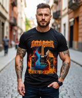Man wearing a black t-shirt with a guitar graphic and 'Let's Rock' text on a city street.