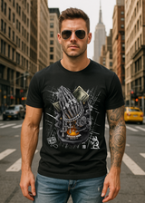Man wearing a black t-shirt with a graphic design on a city street