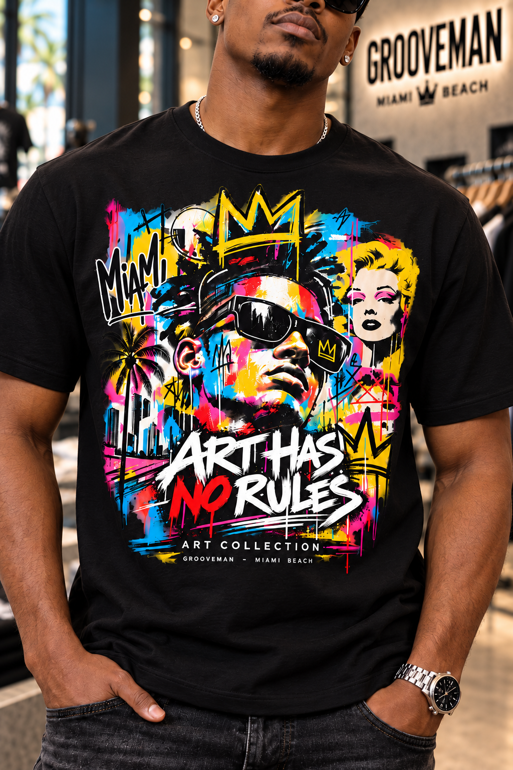 Close-up of the black Art Has No Rules T-shirt showing colorful graffiti portraits, yellow crowns and Miami palm trees.