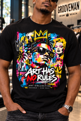 Close-up of the black Art Has No Rules T-shirt showing colorful graffiti portraits, yellow crowns and Miami palm trees.