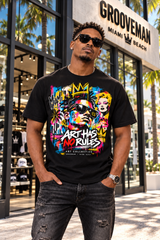 Model wearing the black Art Has No Rules Miami graphic T-shirt and sunglasses outside the Grooveman storefront.