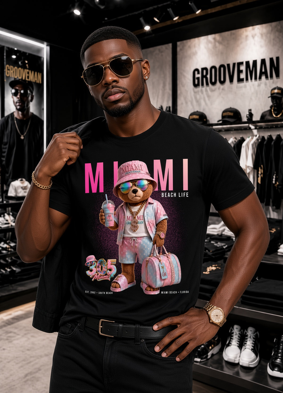 A man wearing a black Grooveman t-shirt with a colorful graphic of a teddy bear dressed in pink beachwear under the text 'MIAMI BEACH LIFE', standing inside a retail store.