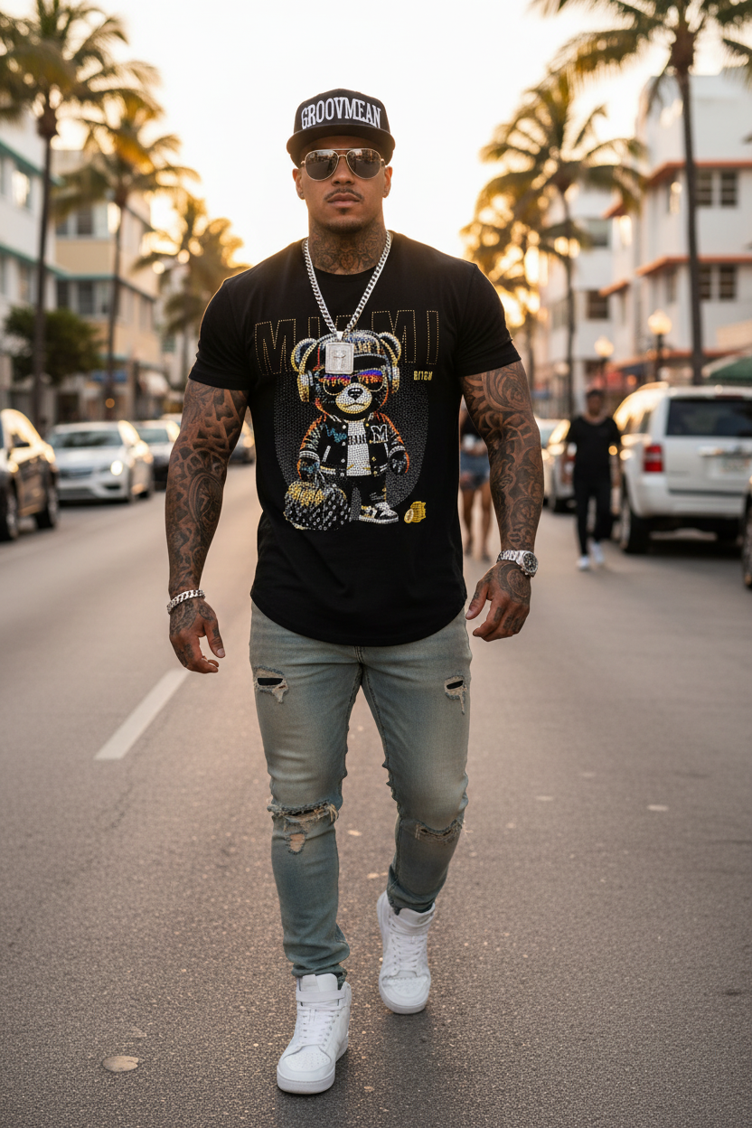 Black t-shirt with a bear graphic and 'MIAMI' text on a dark background