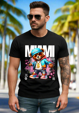 Man wearing a black t-shirt with a colorful bear graphic and 'Miami Beach' text.