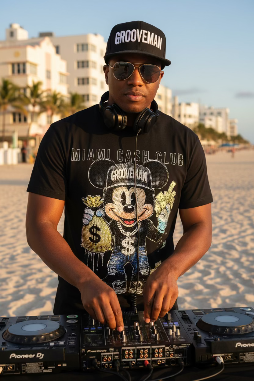 Black t-shirt with a graphic design of a character holding money on a light gray background